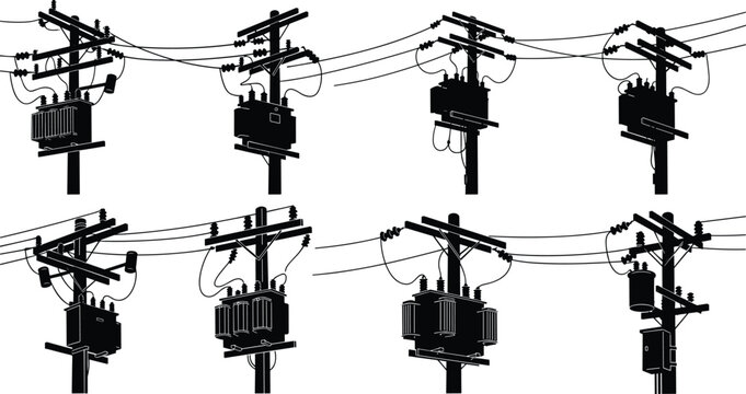 Vector silhouette set of electric power poles with transformers and high voltage lines, utility poles for energy distribution isolated on white