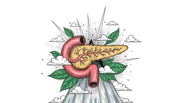 Medical illustration of a human pancreas organ surrounded by green leaves and clouds with sun rays representing health.