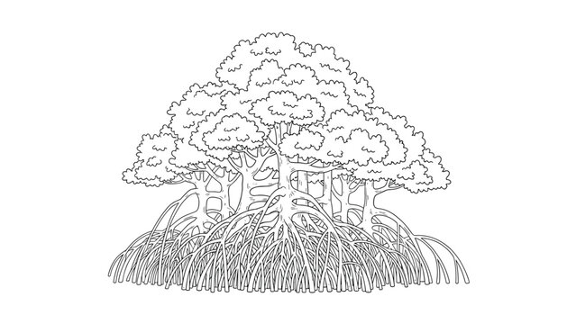 Intricate black and white line art of a mangrove tree with its characteristic dense aerial root system on white background.