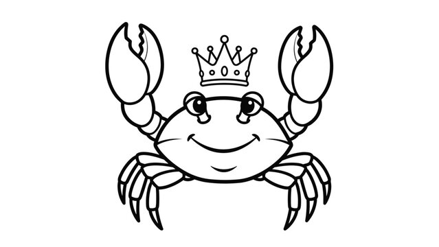 Cute cartoon crab with a smiling face wearing a gold crown on its head isolated on a clean white background.