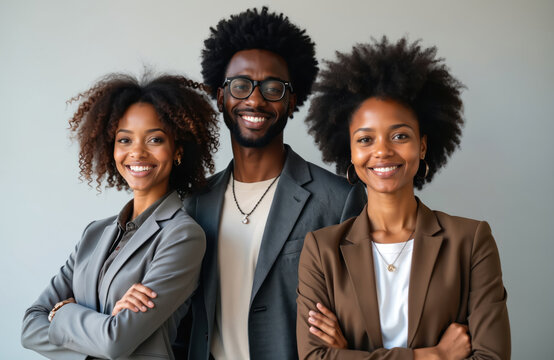 Three young professionals, one man, two women of color, stand together. Wear business attire, smile confidently. Diverse appearances, modern hairstyles suggest forward-thinking company culture. Team