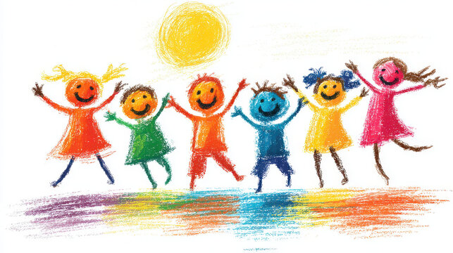 Colorful crayon drawing happy children celebrating under bright sun joyful energy playful friendship