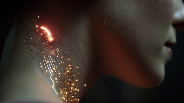 Sparking bio interface at neck with amber highlights and microneedle array closeup showing active data pulses and tiny sparks across exposed circuitry, warm cinematic lighting creates tense diagnostic