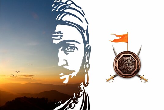 Maratha Shree Chhatrapati shivaji maharaj with historical raj shiva mudra with bhagva flag