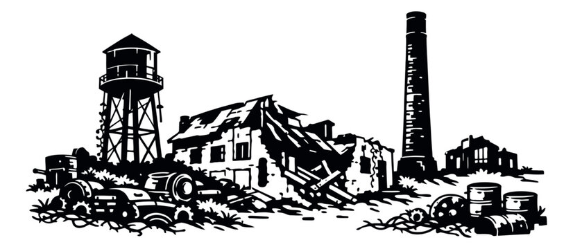 Bold graphic illustration of an abandoned industrial landscape depicting urban decay and obsolescence for historical or environmental concepts
