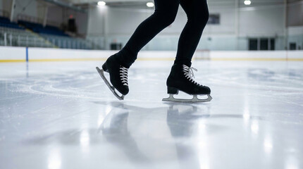 Obraz premium A sophisticated close-up of a figure skater's shins and shoulder blades on an indoor rink with high reflectivity, capturing balance, movement and training