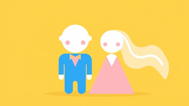 Minimalist Cartoon Bride and Groom Characters in Wedding Ceremony