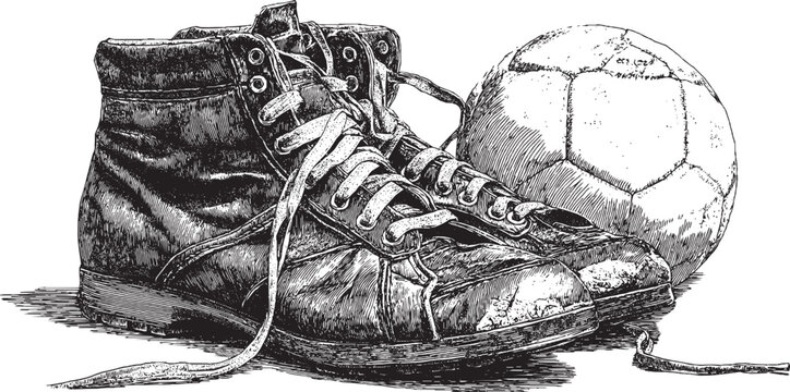 Silhouette illustration of vintage-style soccer cleats and a soccer ball; vector background.