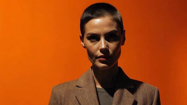 Elegant woman with short hair in brown blazer, side profile against orange background, confident and stylish female fashion, modern minimalism, serene expression, bold mood, clean sharp lighting
