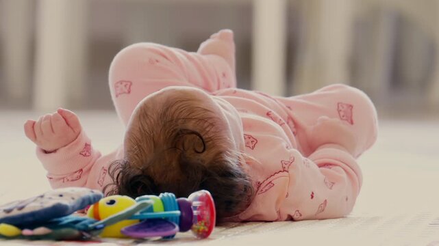 Baby lying on a play mat surrounded by colorful toys during playtime