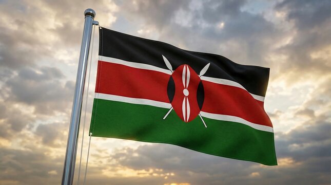 Kenyan flag fluttering in the wind under a golden sunset sky highlighting its bold black red white and green stripes and central shield emblem