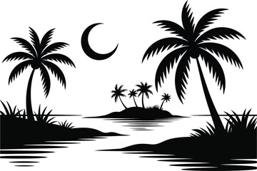 Fototapeta premium Palm Trees Poster, two tall palm trees with detailed fronds and curved trunks on both sides, black silhouettes against white background
