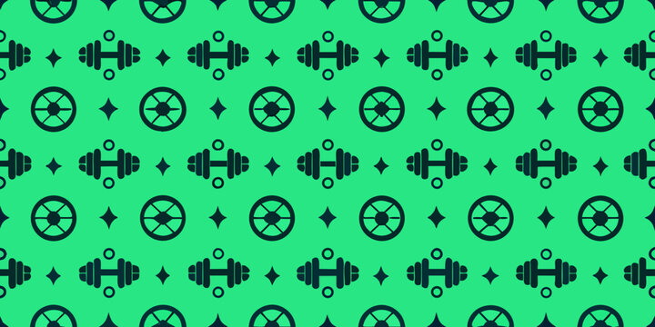Repeating pattern of dumbbells and wheels on a vibrant green background