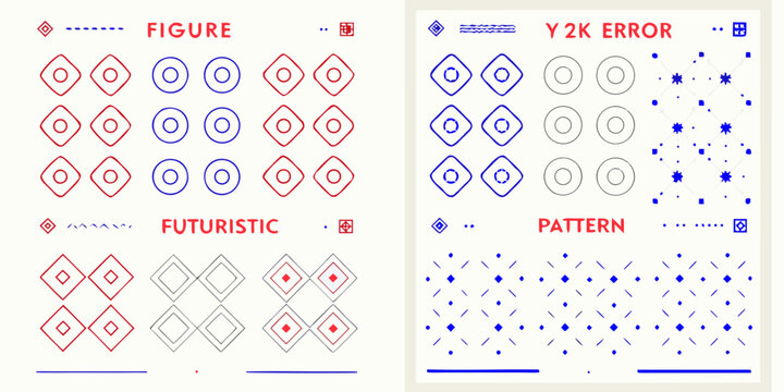 Abstract geometric patterns in red and blue with a y2k error theme