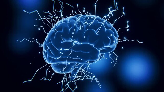 Futuristic Rotating 3D Brain with Neural Synapse Sparks in Dark Space