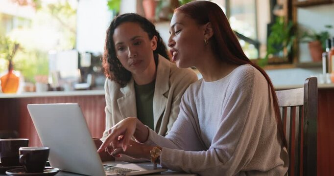 Laptop, remote work and talking with women in coffee shop together for meeting, planning or research. Computer, conversation and teamwork with employee people in cafe or restaurant for discussion