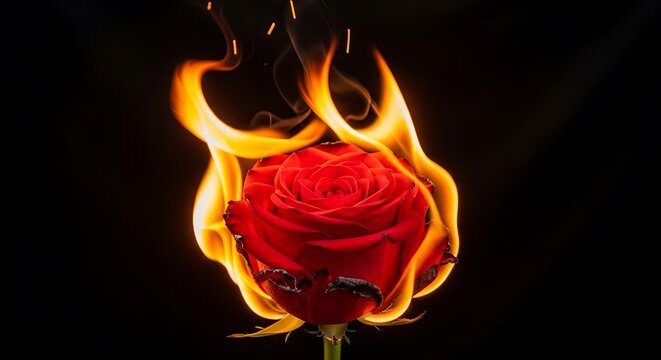 Burning Red Rose in Flames Against a Black Background.