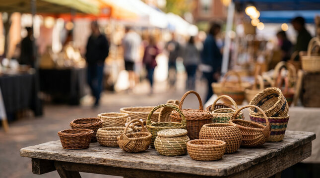 Handcrafted wicker baskets displayed on table at vibrant market  