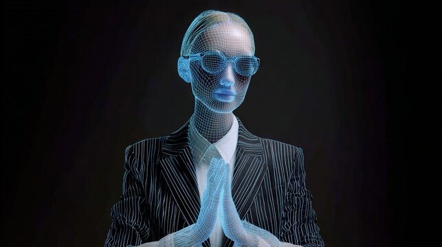 Blue holographic avatar in tailored suit, steepled hands signaling authority during virtual board meeting translucent interface projections display charts and global network nodes ambient neon rim