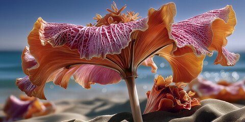 Naklejka premium Artistic botanical depiction of orange blossoms shining under warm sunlight near seaside
