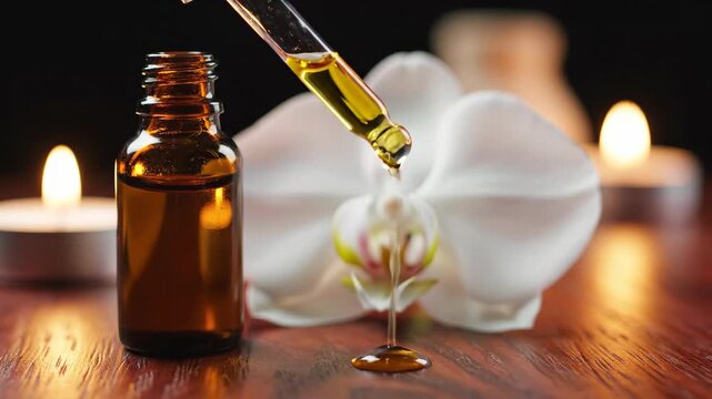 essential oil bottle and white orchid flower on wooden surface. lit candles provide warm glow. spa, beauty, and wellness concept. aromatherapy, skincare, relaxation.