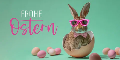 Frohe Ostern Konzept, Ferien Feiertag Grußkarte, Karte mit deutschem Text - Lustiger Osterhase Hase mit Sonnenbrille, Fliege und Ostereiern, isoliert auf grünem Hintergrund © Corri Seizinger