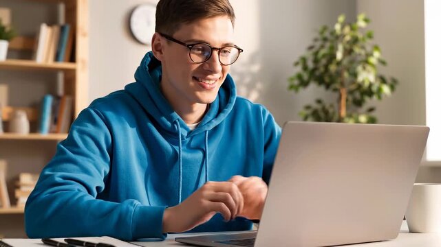 Young man wearing a blue hoodie and glasses happily typing on his laptop computer from a modern home office, embracing the digital nomad lifestyle while enjoying a flexible work environment