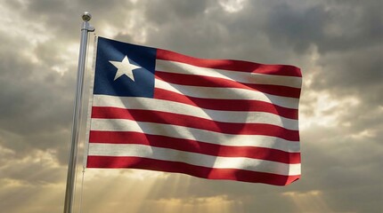Obraz premium The flag of Liberia with its iconic red and white stripes and a single white star in a blue canton is dramatically illuminated by sunset light