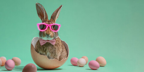 Happy Easter concept, holiday greeting card long banner panorama - Easter bunny, rabbit with sunglasses, bow tie and Easter egg, isolated on green background
