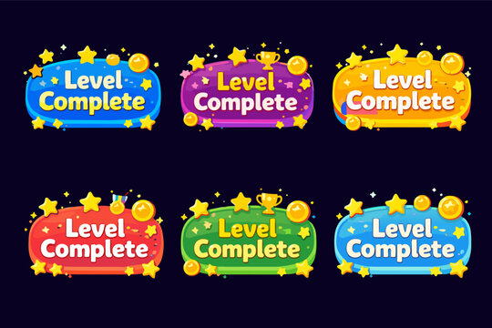 Set of animated level complete gaming interface elements for game development