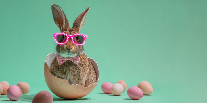 Happy Easter concept, holiday greeting card long banner panorama - Easter bunny, rabbit with sunglasses, bow tie and Easter egg, isolated on green background