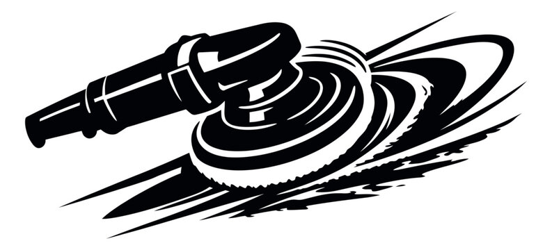 Stylized graphic illustration of an orbital polisher depicting rapid polishing action for automotive detailing
