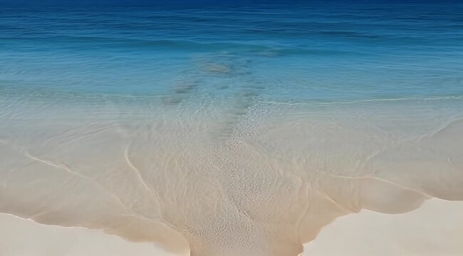 Shallow turquoise water laps onto light sandy shore, with deeper blue ocean in distance