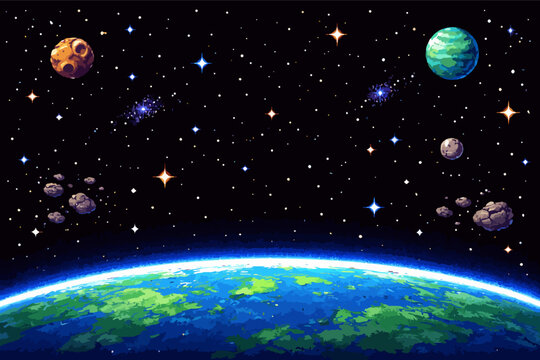 Earth surface and space scene with colorful planets, stars, and asteroids, pixel art