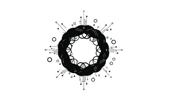 Mandala design features intricate geometric patterns arranged in a circular formation with symmetrical lines and decorative dots on a white background.