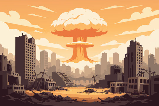 Nuclear war destroying city with mushroom cloud expanding over ruined buildings