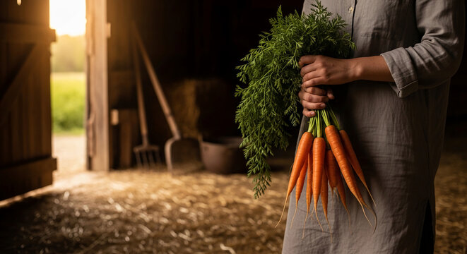 Image shows hand holding a bunch of orange carrot with green tops, symbolizing freshness and natural nutrition, with rustic barn in the background