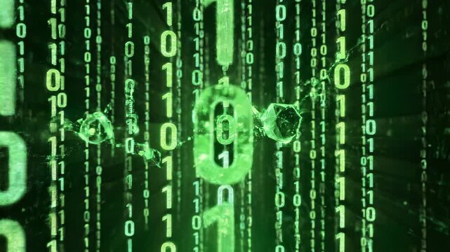 Green binary code world matrix over floating globe.