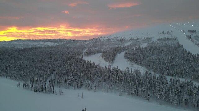 Aerial view of Levi Ski Resort, from the fells of Levi, Finland, Arctic Circle