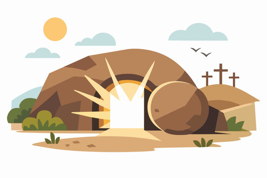 Jesus Christ resurrection and an empty tomb with rolling stone