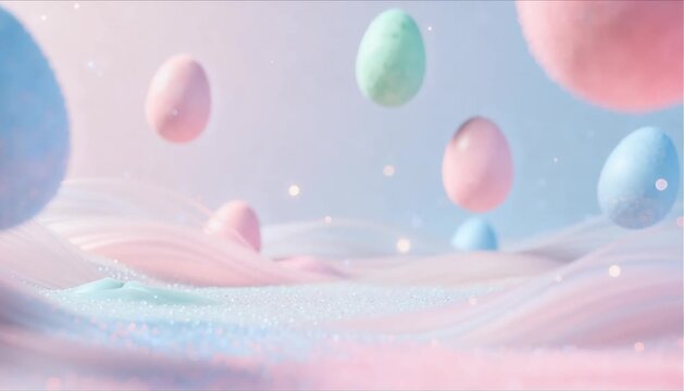 abstract 3d animation of pastel particles forming floating easter egg shapes for soft spring holiday background concept
