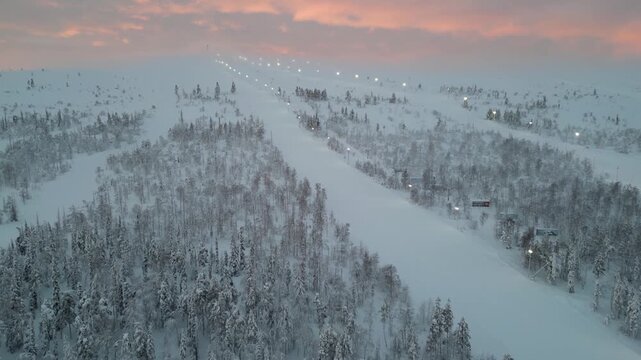 Aerial view of Levi Ski Resort, from the fells of Levi, Finland, Arctic Circle