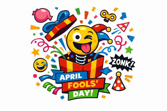 April Fools' Day jack-in-the-box prank with winking emoji and colorful confetti