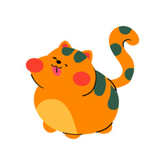Naklejka premium A cute, chubby orange cat with green stripes sticking its tongue out. Hand-drawn illustration.
