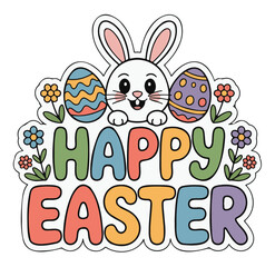 Obraz premium Easter Bunny with Colorful Eggs and Flowers Happy Easter Vector on a White Background