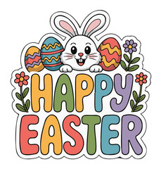 Fototapeta premium Easter Bunny with Colorful Eggs and Happy Easter Greeting on White Vector on a White Background