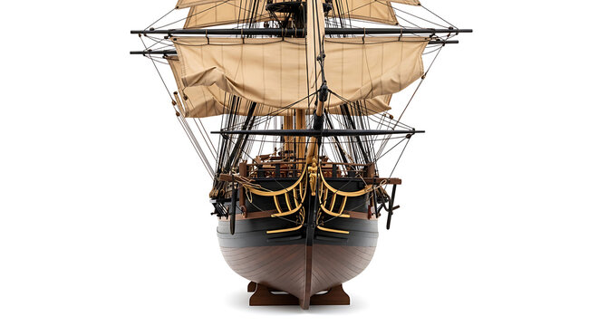 Detailed miniature galleon ship model with intricate rigging on transparent background