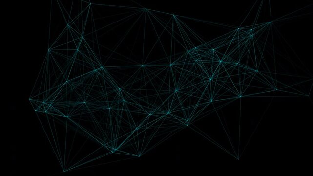 Abstract cyan plexus geometric network lines and dots floating in dark black void background
