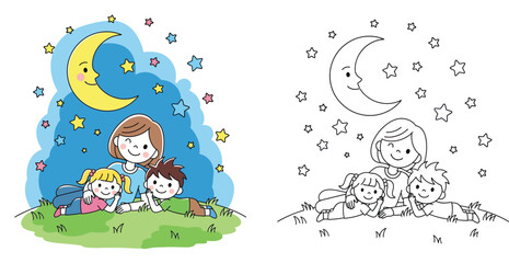 Obraz premium Mother and Children Stargazing under Moon and Stars Cartoon
