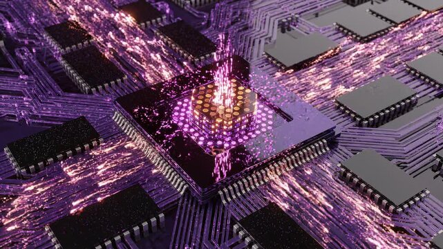 Abstract purple neon grid architecture with glowing circuitry.